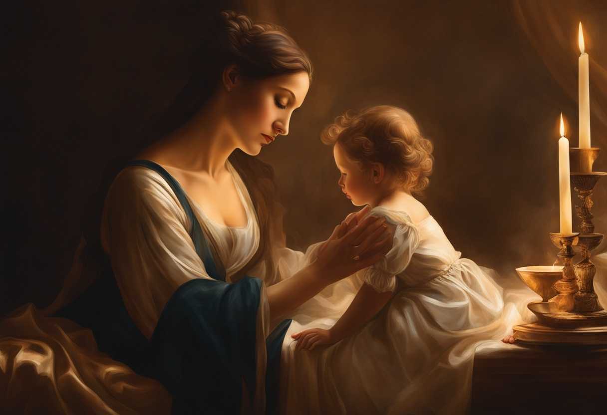 Mother-praying-for-daughter-at-sunrise-serene-atmosphere-love-and-hope-nurturing-connection-peac_fotw