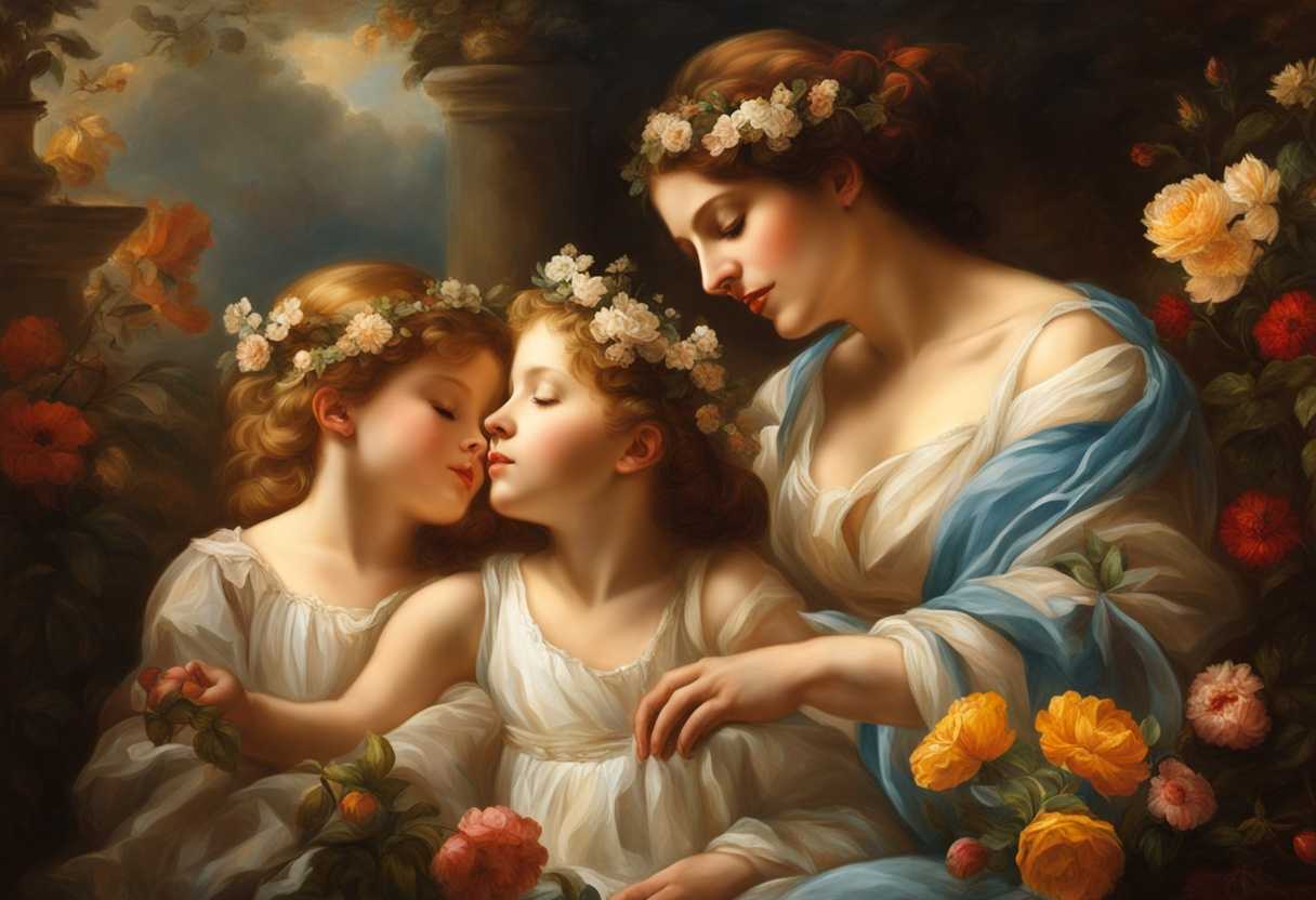 Serene-mother-embracing-her-daughters-surrounded-by-soft-sunlight-blooming-flowers-joyful-laughte_zmxb