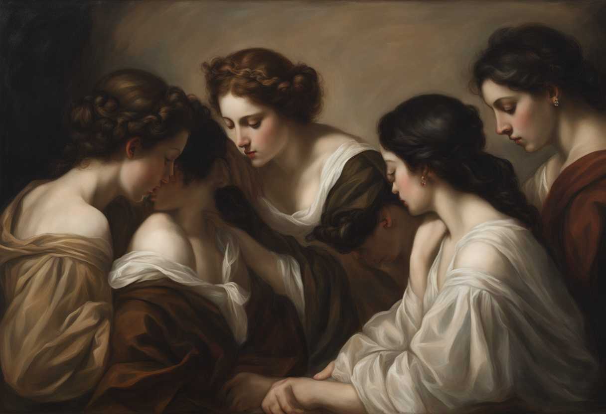 A-group-huddles-in-soft-light-sharing-silent-glances-of-resilience-and-vulnerability_egoo
