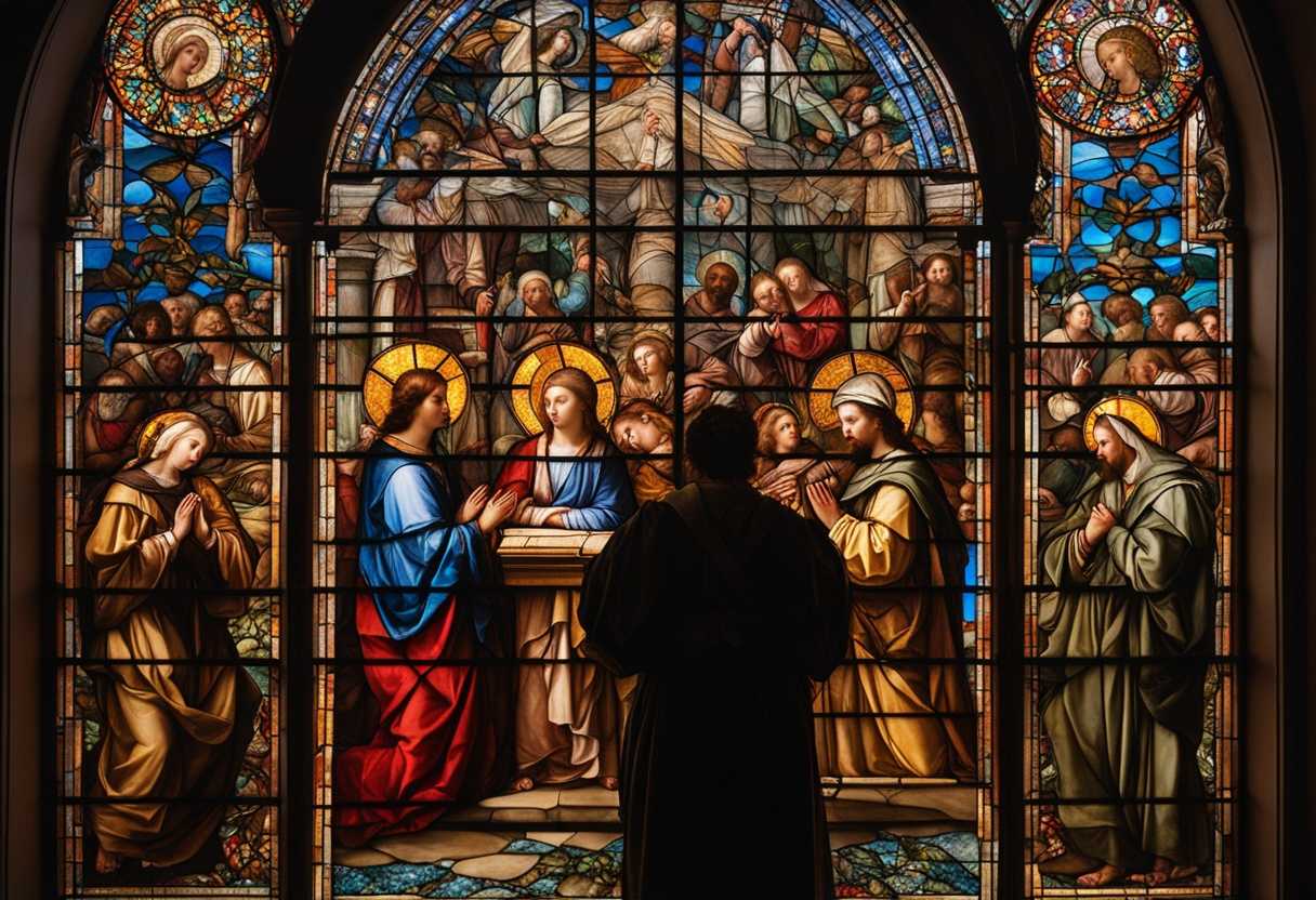 A-diverse-group-in-prayer-illuminated-by-stained-glass-united-in-serene-devotion_jzhc