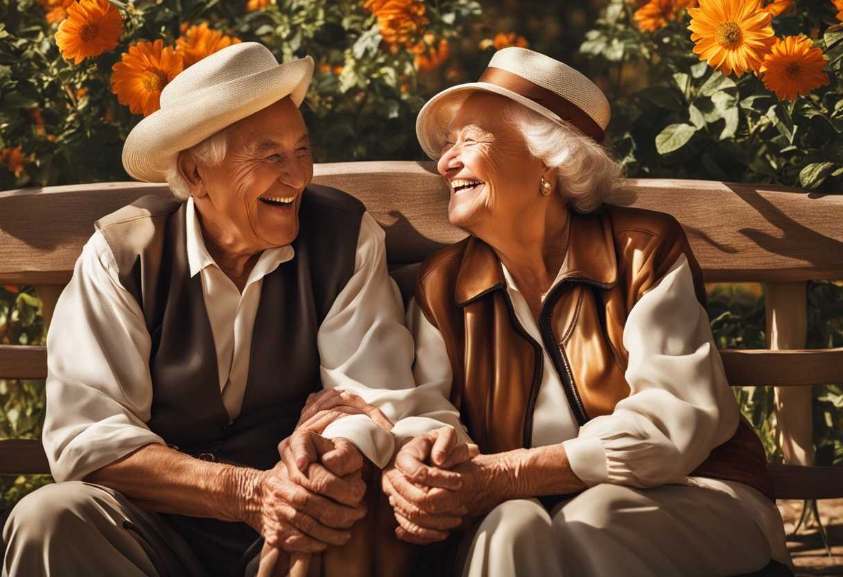 Elderly-couple-laughing-on-a-sunlit-bench-intertwined-hands-surrounded-by-blooming-flowers_hdgf