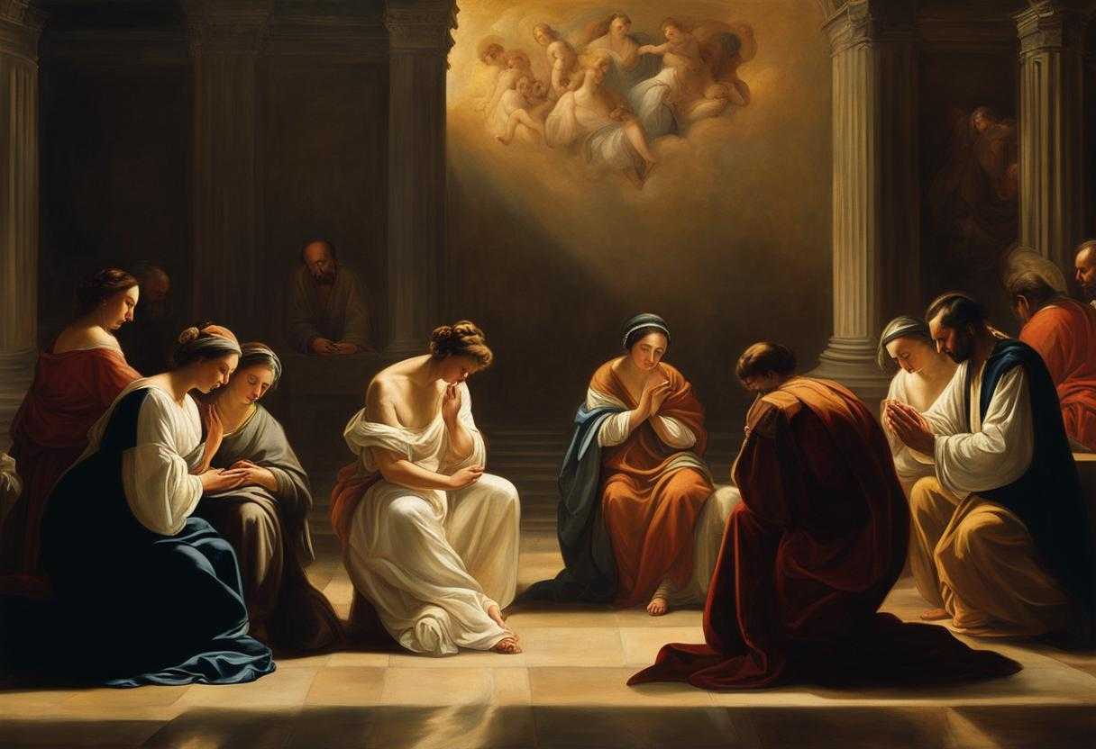 family-and-friends-gathering-for-a-serene-moment-of-connection-heads-bowed-hands-clasped-in-prayer