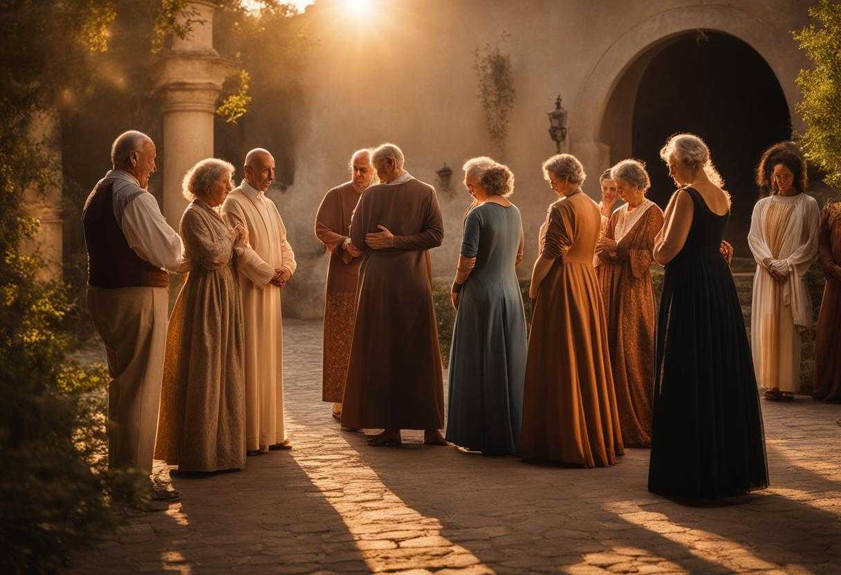 family-and-friends-standing-in-a-circle-heads-bowed-in-reverence-warm-glow-of-setting-sun-serene-