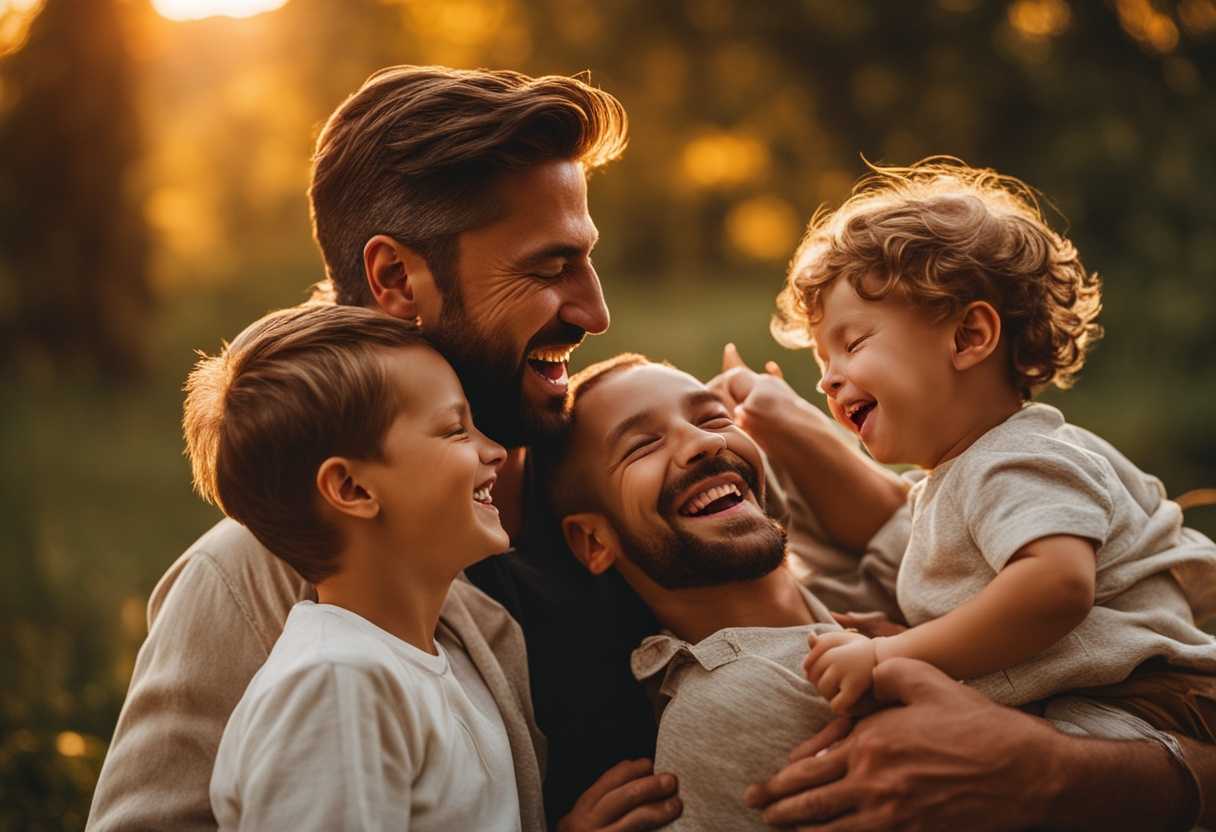 Fathers-and-sons-laughing-together-in-golden-hour-surrounded-by-nature's-vibrant-colors_roic