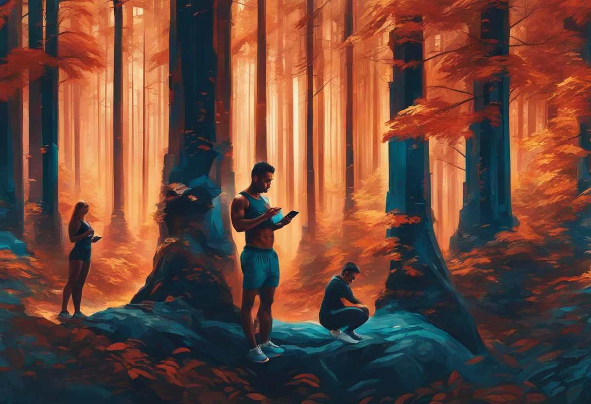 Fitness-enthusiasts-in-a-forest-absorbed-in-phones-glowing-screens-diverse-poses-determined-can_xcvp