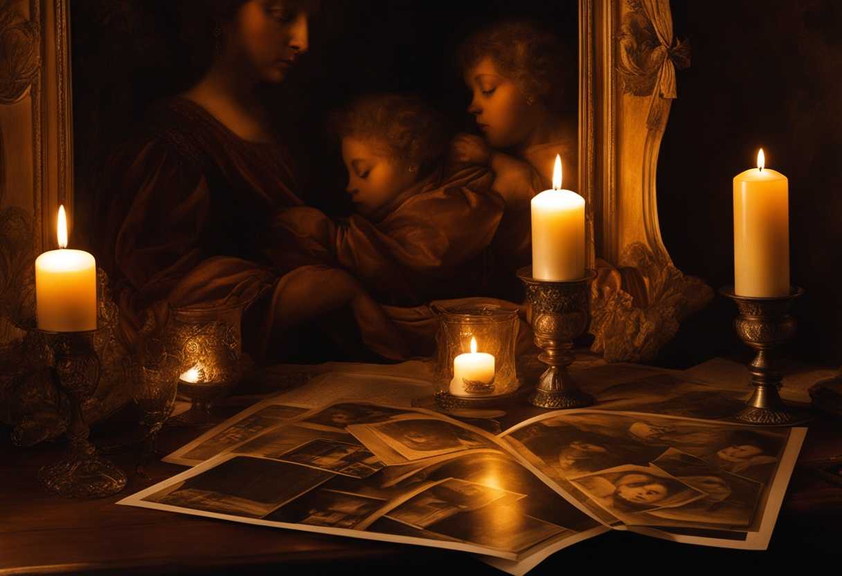 A-figure-kneels-in-candlelight-surrounded-by-cherished-photos-honoring-a-beloved-grandmother_hgvy
