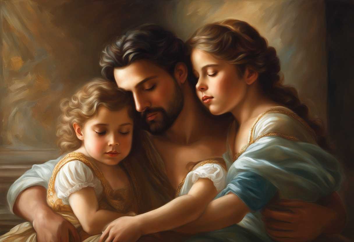 A-father-and-children-share-a-loving-embrace-bathed-in-soft-light-showing-family-unity_byln