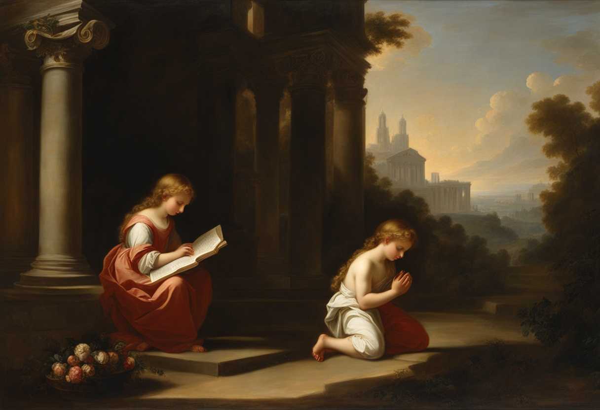 Children-in-prayer-bathed-in-soft-light-exuding-solemnity-and-devotion-in-a-quiet-moment_odju