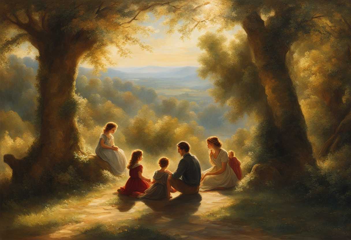 Father-and-children-sit-under-trees-sunlight-filtering-through-serene-expressions-classic-family-_rfwi
