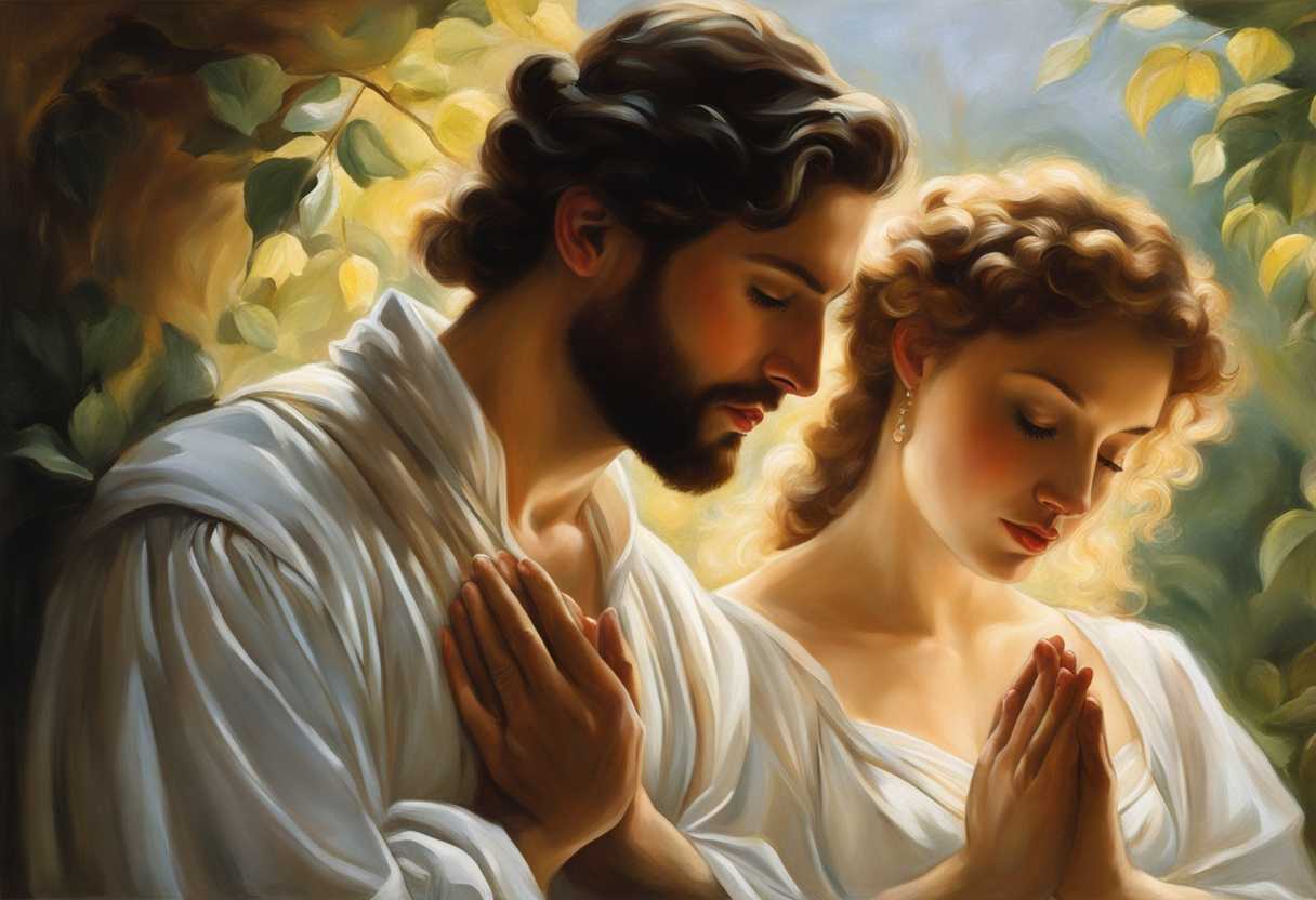 A-couple-in-prayer-hands-clasped-surrounded-by-sunlight-and-lush-greenery-radiating-love_jsmv