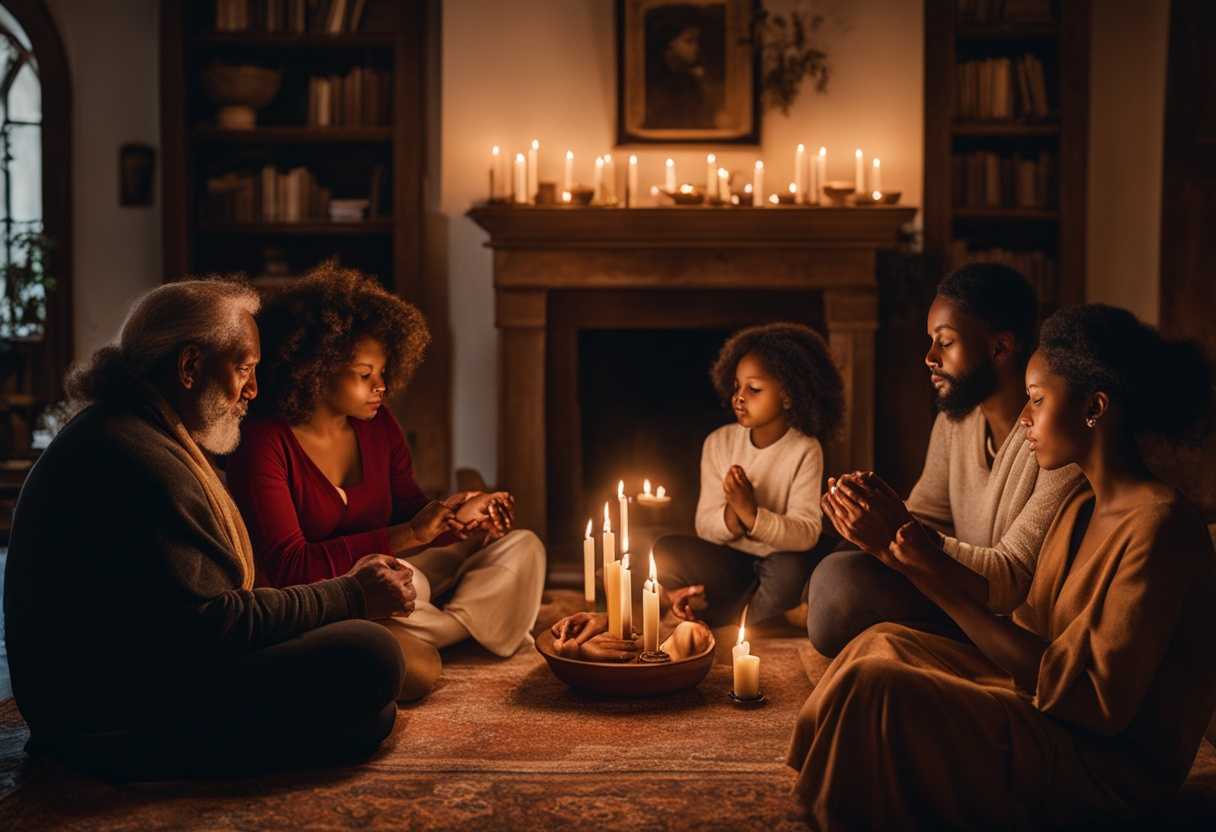 A-diverse-family-prays-together-in-a-cozy-candlelit-living-room-embodying-peace-and-unity_zbac