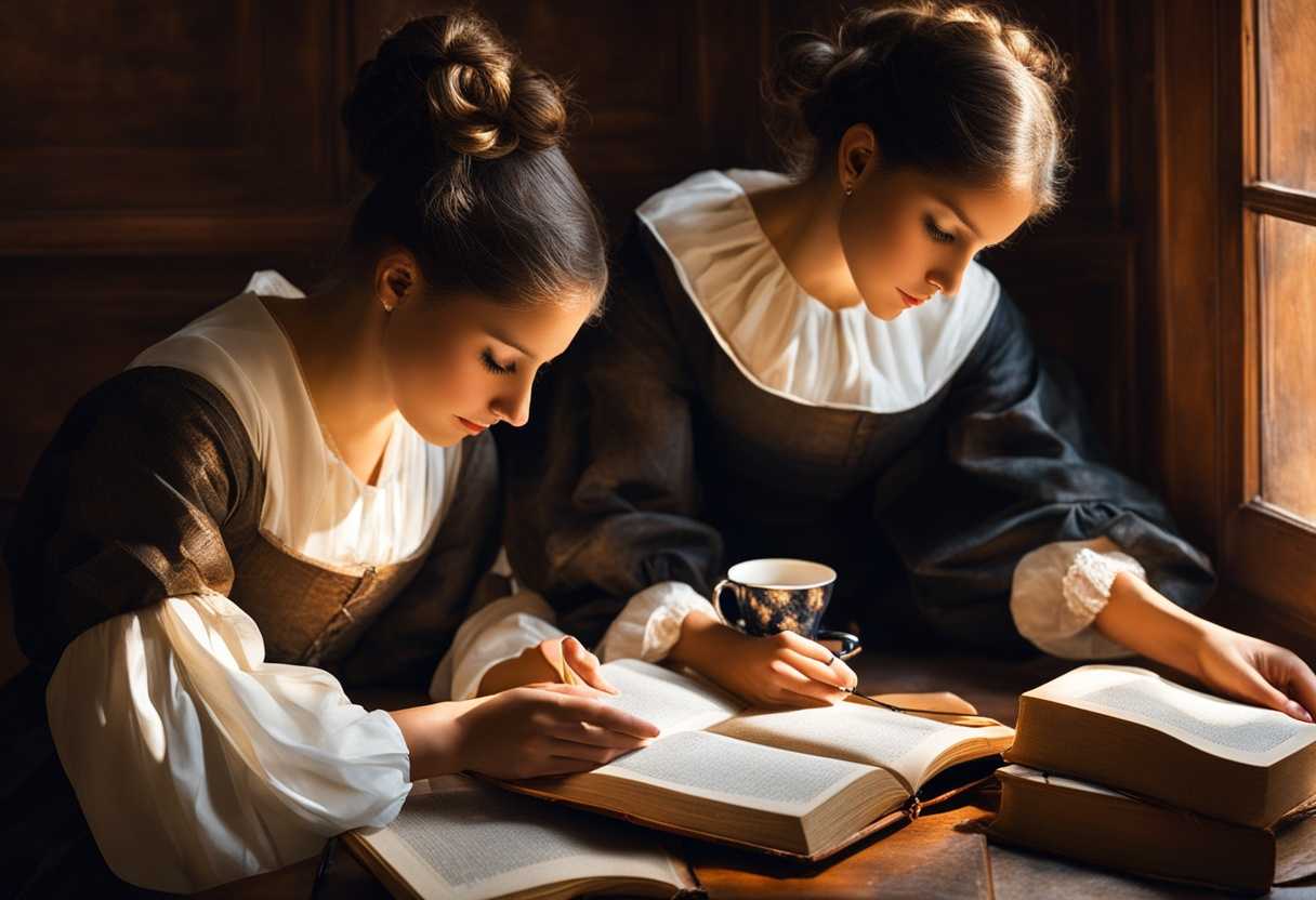 Sisters-study-together-in-a-cozy-nook-sunlight-streaming-tea-steaming-books-scattered_nwtj