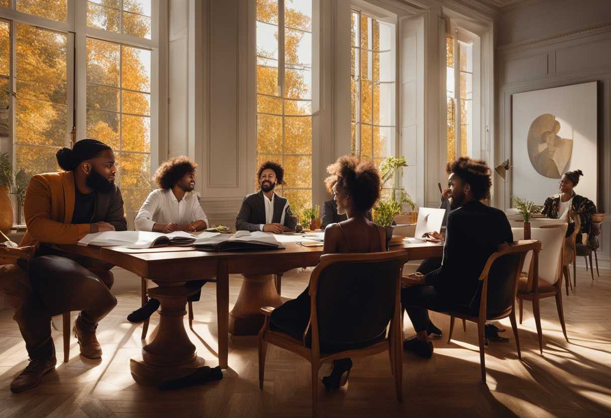A-diverse-team-collaborates-joyfully-exchanging-ideas-in-a-sunlit-vibrant-workspace_bhrn