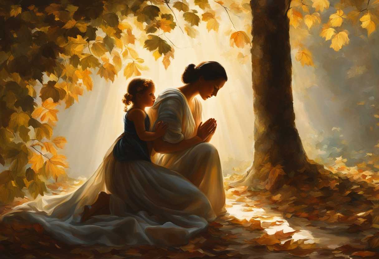 A-mother-and-child-pray-together-under-sunlit-leaves-radiating-love-and-serenity_lmpx