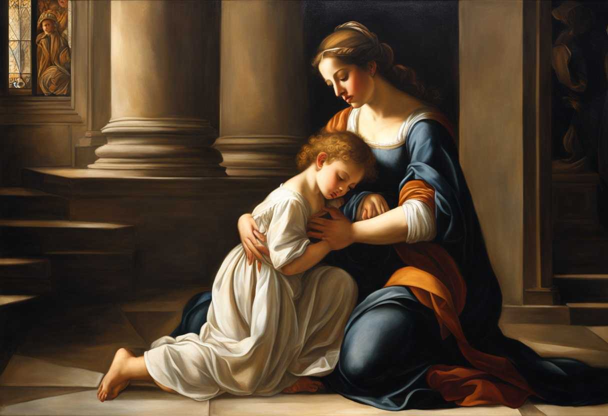 A-mother-kneels-whispering-prayers-her-son-watches-innocence-and-love-radiating_bdaj