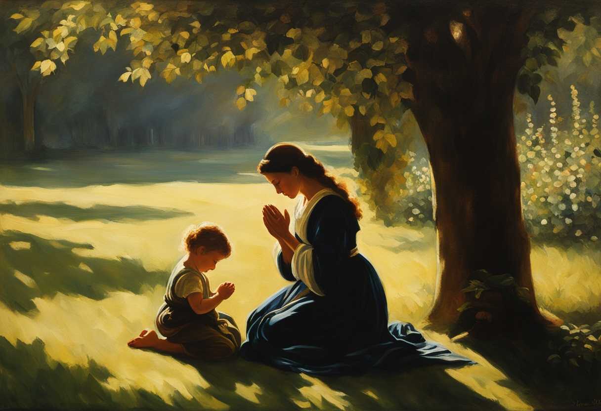 A-parent-and-child-kneel-in-morning-light-hands-clasped-in-prayer-amidst-lush-greenery_uerq