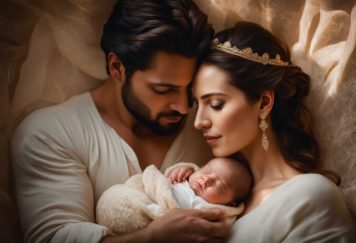 New-parents-embrace-gazing-at-their-sleeping-newborn-bathed-in-warm-light-embodying-love-and-hope_edkr