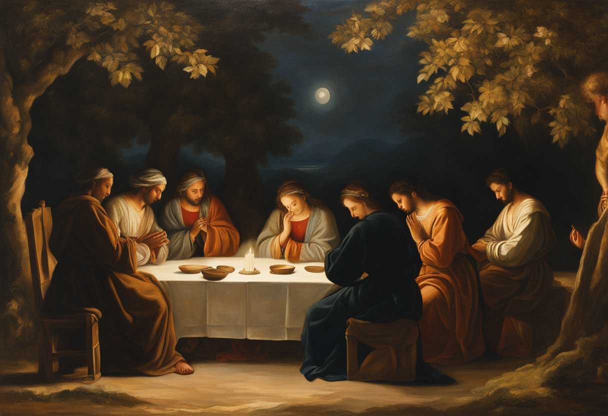 A-diverse-group-prays-for-peace-under-softly-lit-trees-united-in-serene-silence_vuii