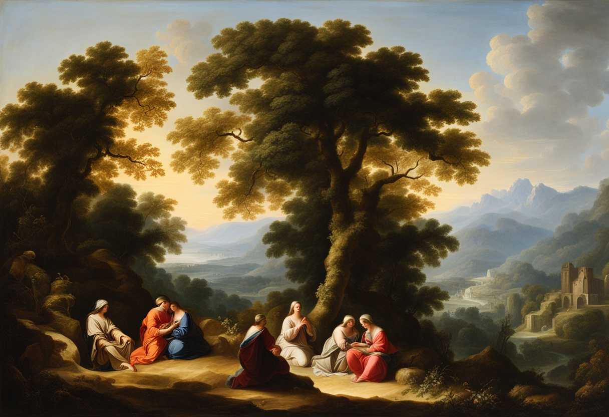 Travelers-in-prayer-under-sunlit-trees-united-in-peace-amidst-vibrant-greenery-and-mountains_jjsh