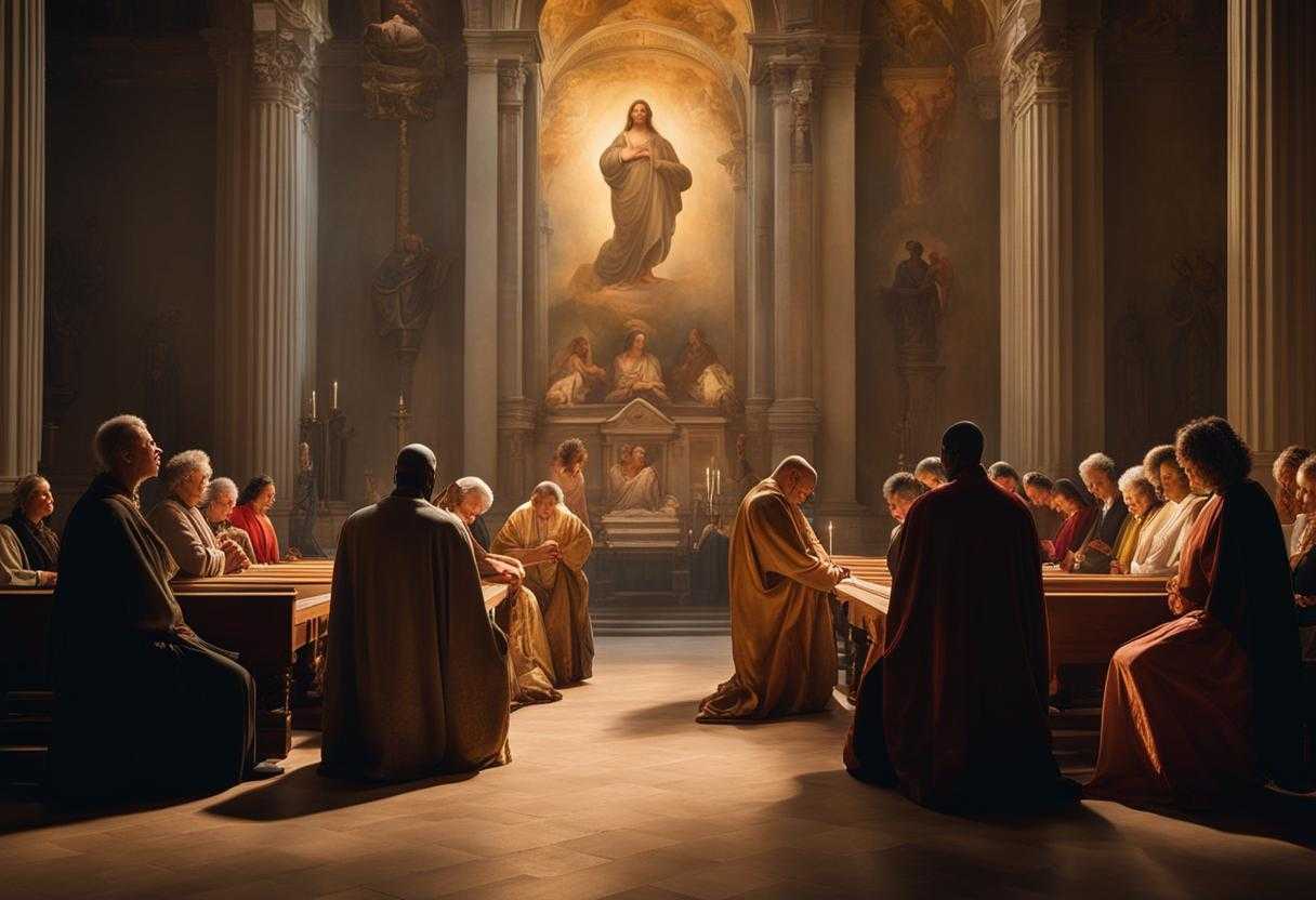 A-diverse-group-prays-together-in-a-softly-lit-church-showing-faith-unity-and-resilience_uvnk