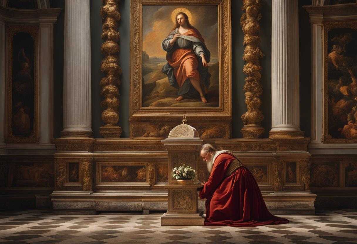 A-person-kneels-in-a-place-of-worship-hands-clasped-head-bowed-surrounded-by-symbols_gpyi