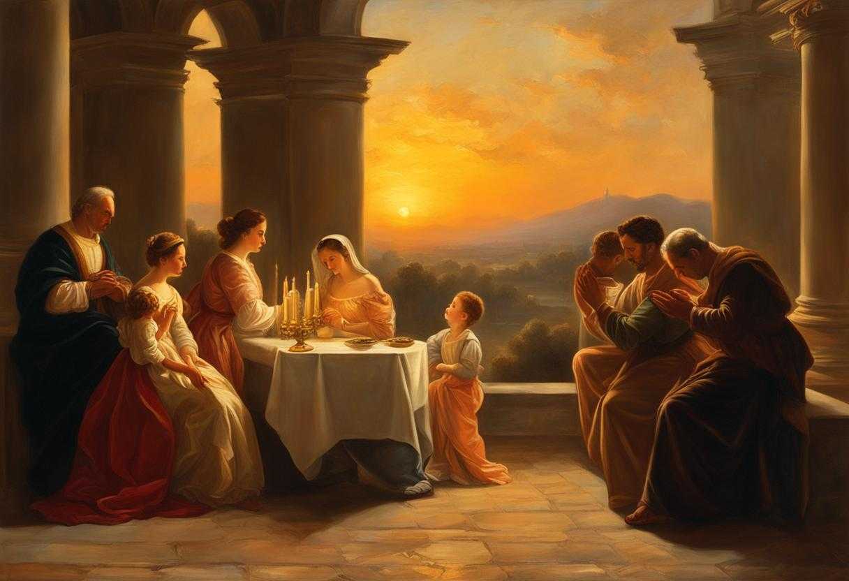 Family-gathers-at-sunset-bathed-in-warm-light-heads-bowed-in-prayer-radiating-peace_bebm