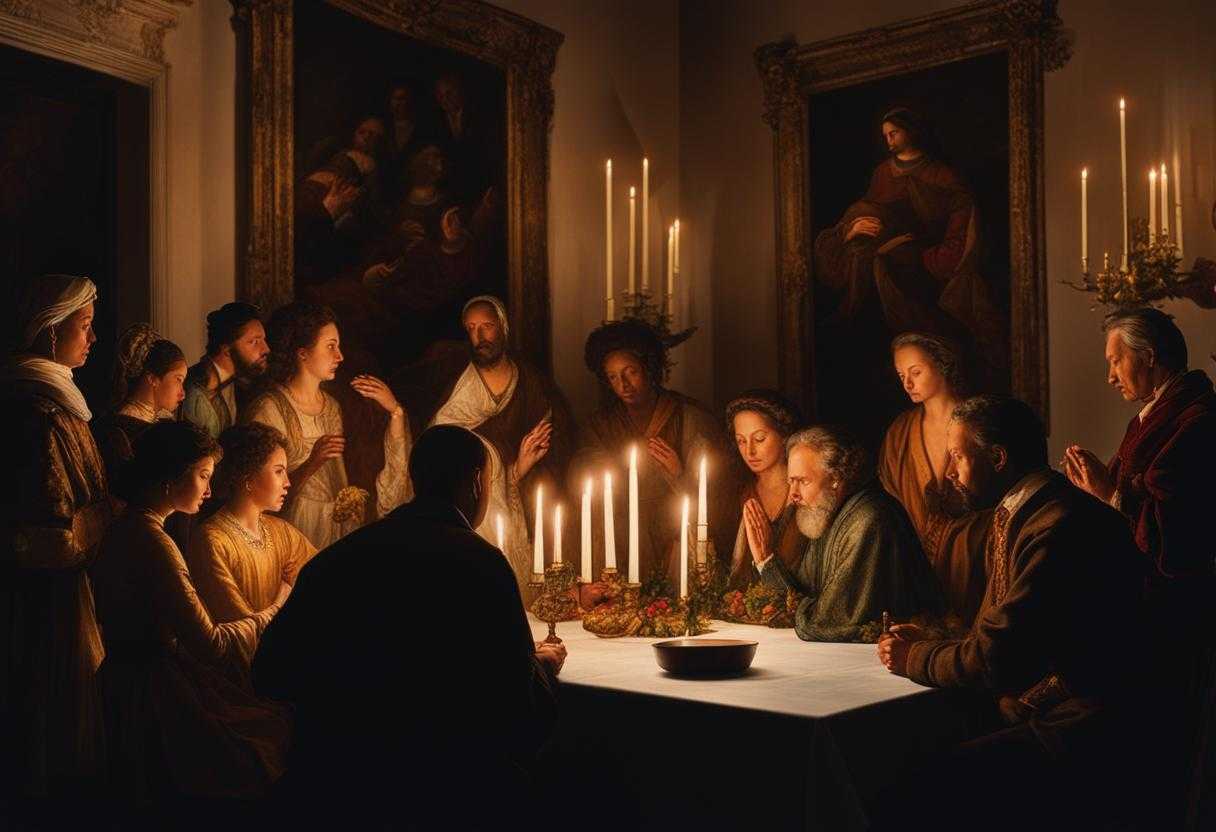 A-diverse-group-of-individuals-gather-in-a-candlelit-room-praying-together-with-faith-and-unity_iajb