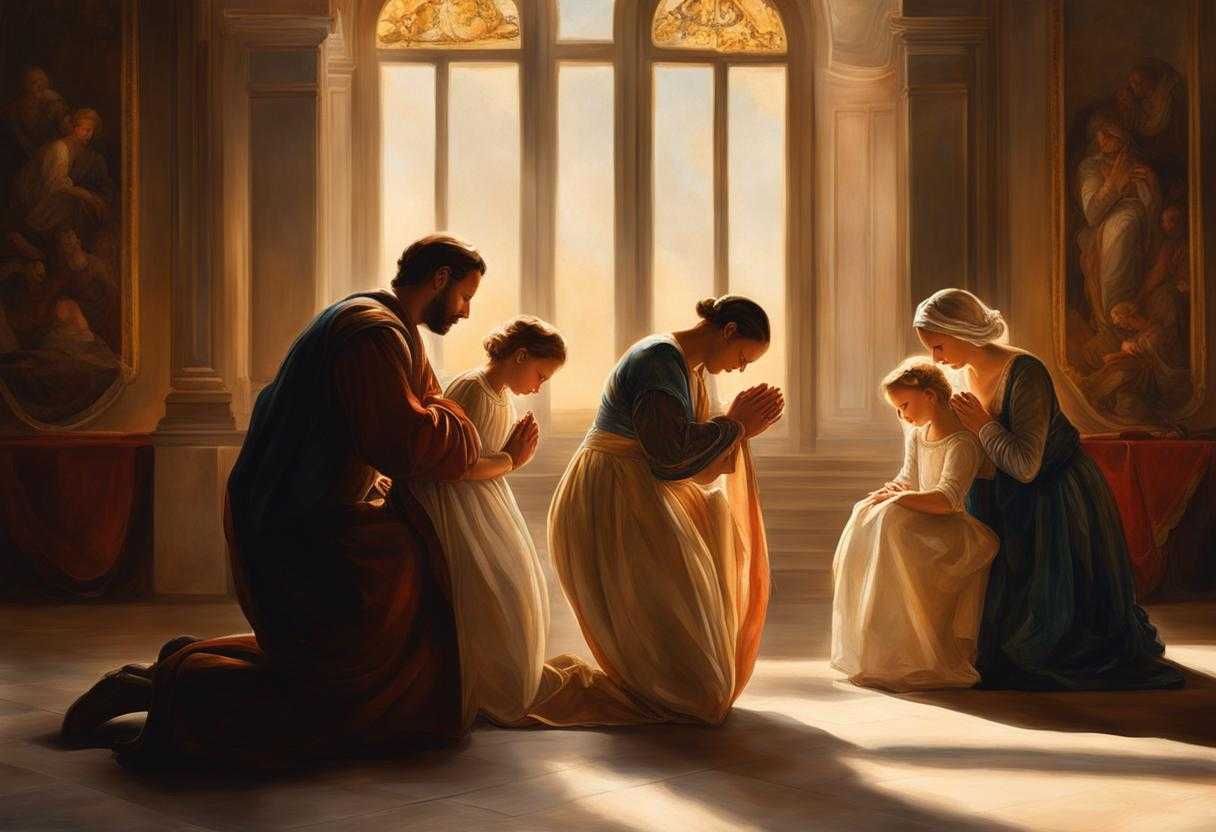 Family-praying-together-in-warm-sunlight-heads-bowed-hands-clasped-creating-a-serene-and-intimate_vvly