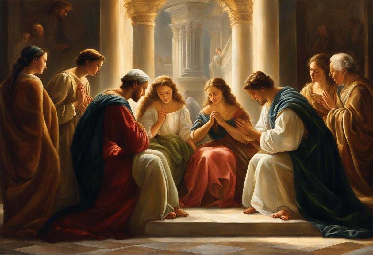 family-or-group-of-loved-ones-gathered-together-in-a-moment-of-prayer-heads-bowed-hands-clasped-in