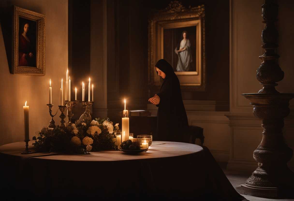 A-serene-candlelit-room-soft-shadows-a-grieving-figure-in-prayer-surrounded-by-cherished-memories_ksph