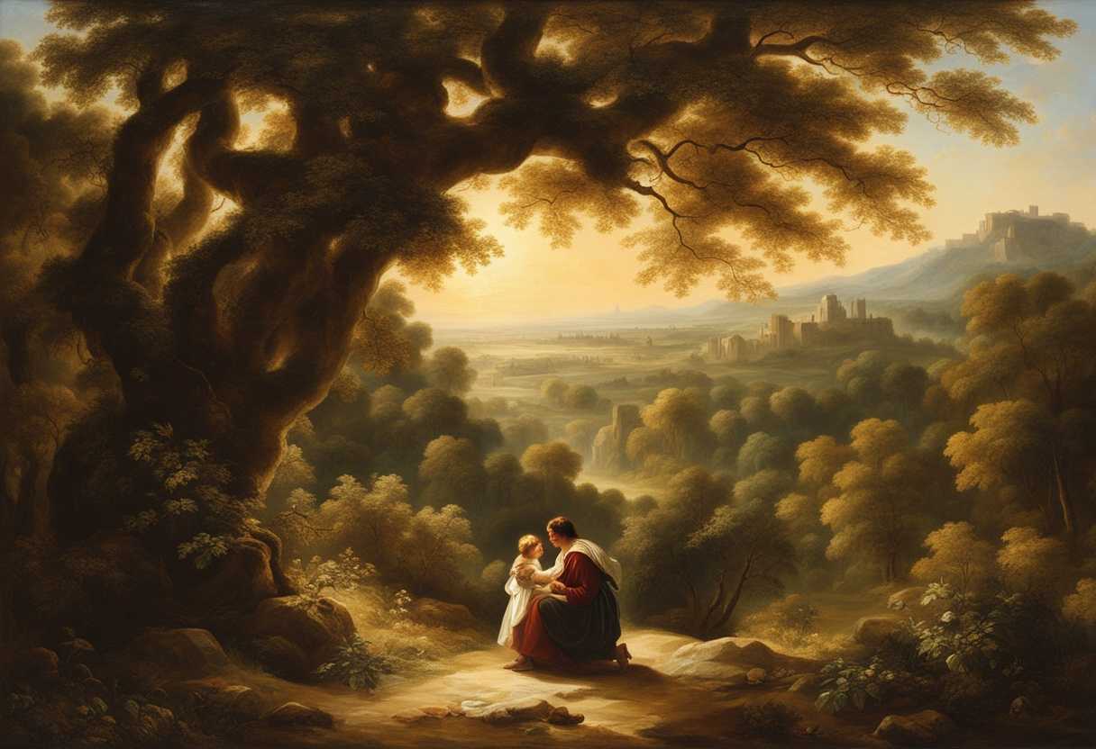 A-serene-landscape-gentle-sunlight-filtering-through-trees-a-father-embracing-his-child-tranquili_lpgn