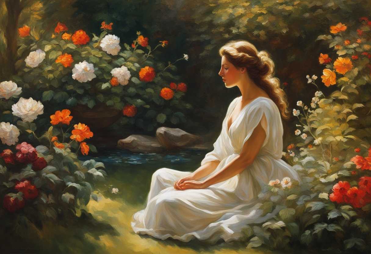 A-serene-garden-vibrant-flowers-blooming-gentle-sunlight-a-figure-meditating-exuding-tranquility_hnux