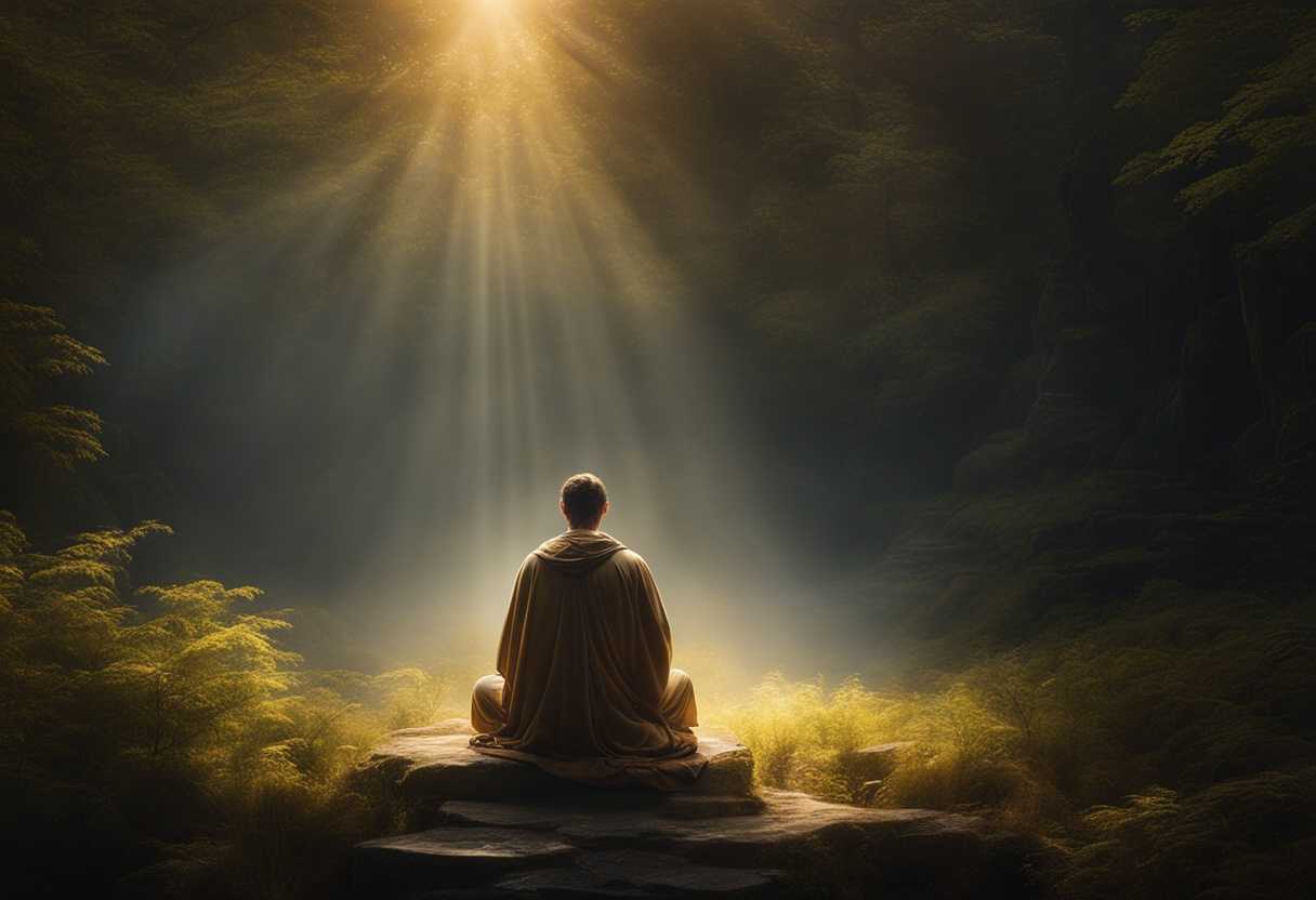 Serene-figure-in-prayer-surrounded-by-glowing-light-peaceful-atmosphere-nature-backdrop-tranquil_laat