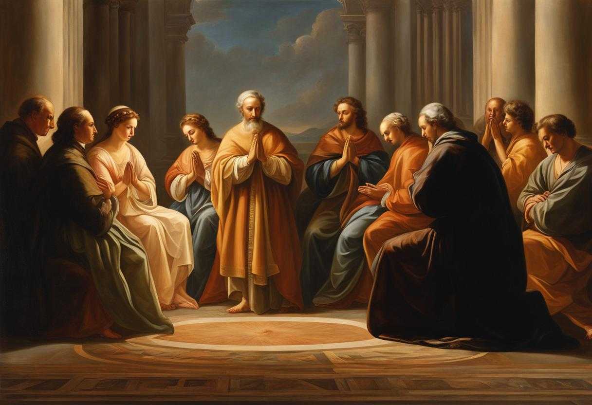 group-of-people-praying-soft-warm-light-setting-sun-circle-heads-bowed-hands-clasped-serene-fa
