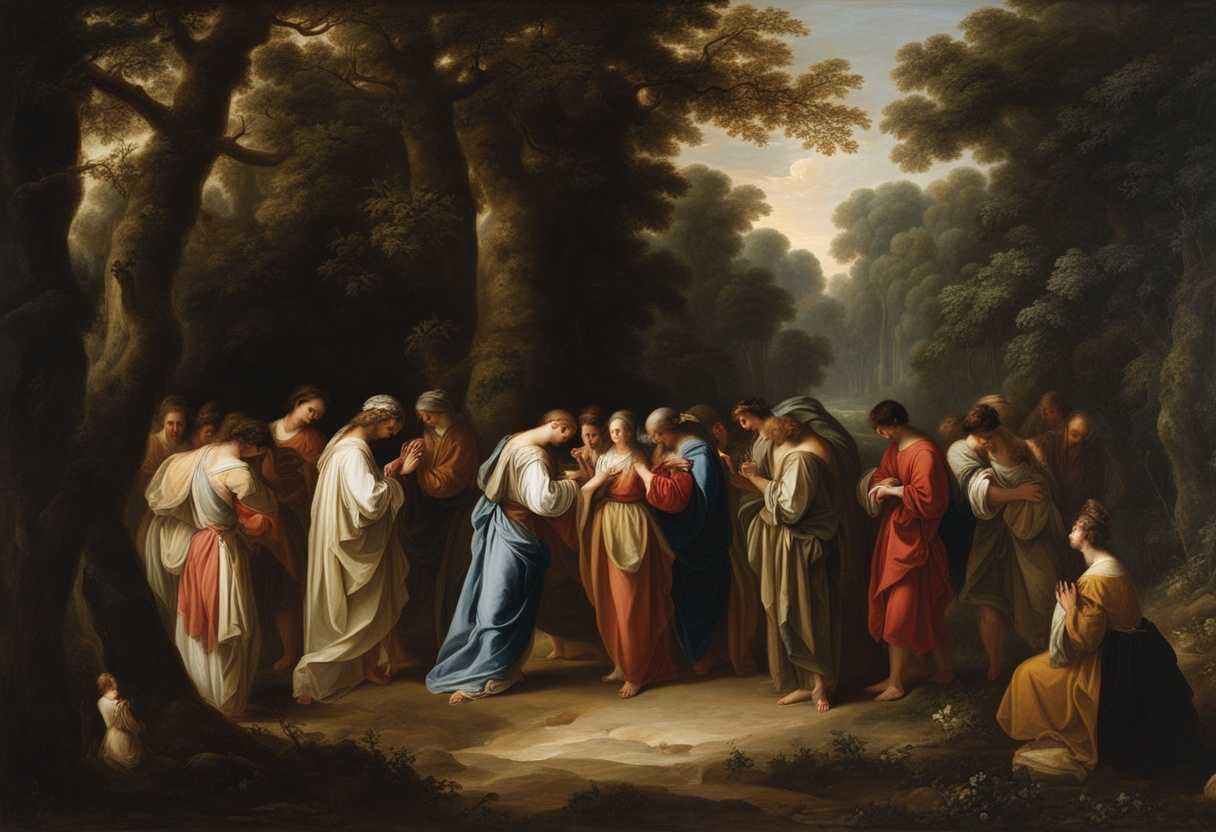 People-gather-in-a-peaceful-forest-clearing-heads-bowed-in-prayer-hands-clasped-feeling-connected_uqtx