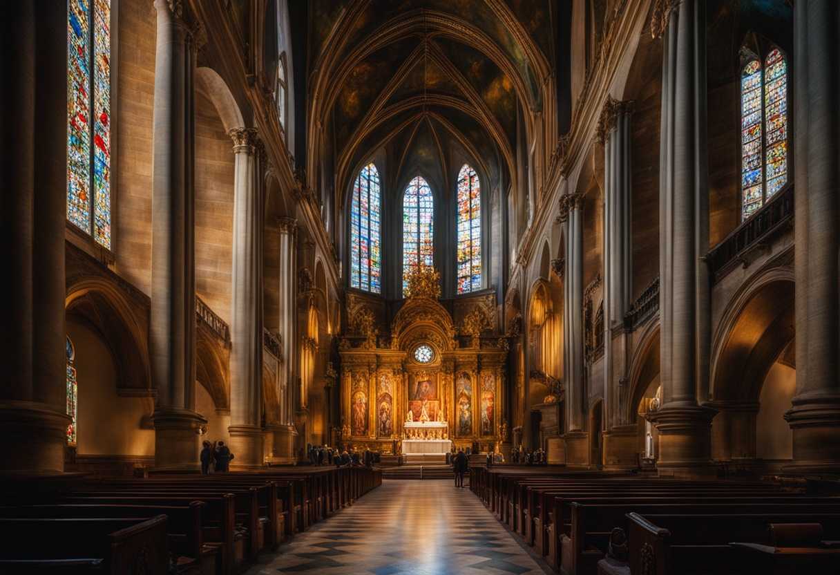 People-gather-in-a-church-bathed-in-light-from-stained-glass-praying-with-deep-faith_lpwc