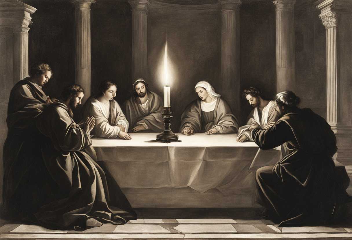 A-small-group-of-individuals-pray-together-in-a-candlelit-room-radiating-collective-faith-and-peace_pbgy