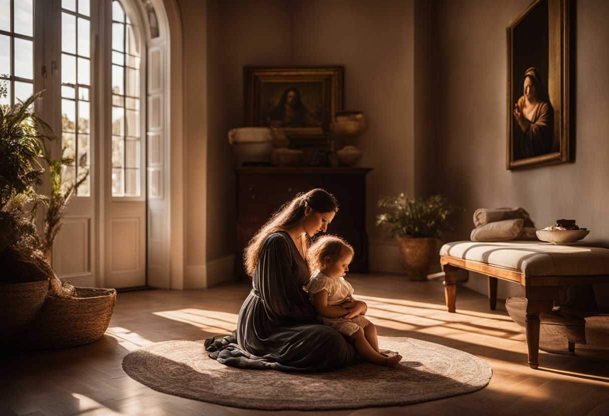 A-mother-and-child-pray-together-in-a-sunlit-cozy-room-filled-with-family-photos_xbkn