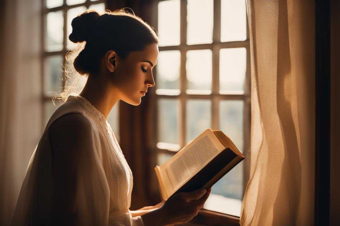person-reading-a-Bible-soft-light-filters-through-the-window-warm-glow-on-the-person's-face-quiet