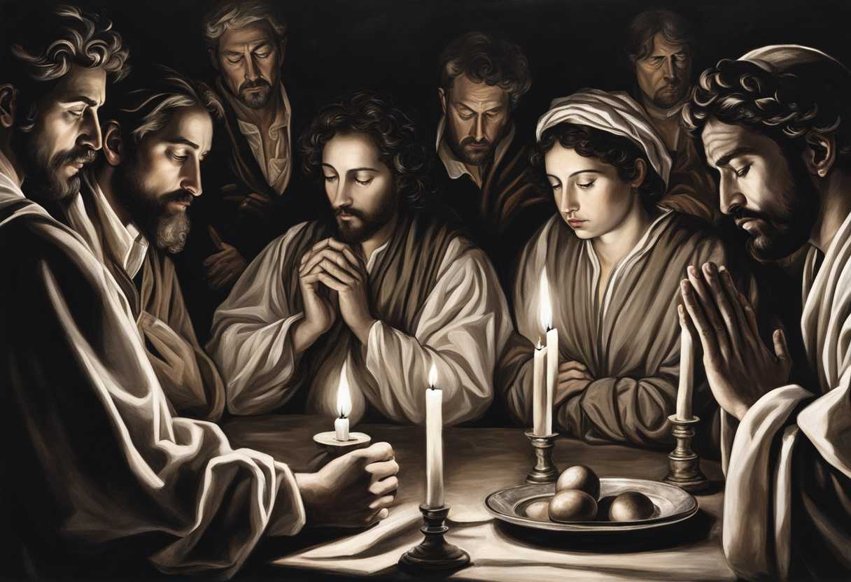 A-diverse-group-of-individuals-pray-together-heads-bowed-hands-clasped-faces-illuminated-by-candl_hmtk