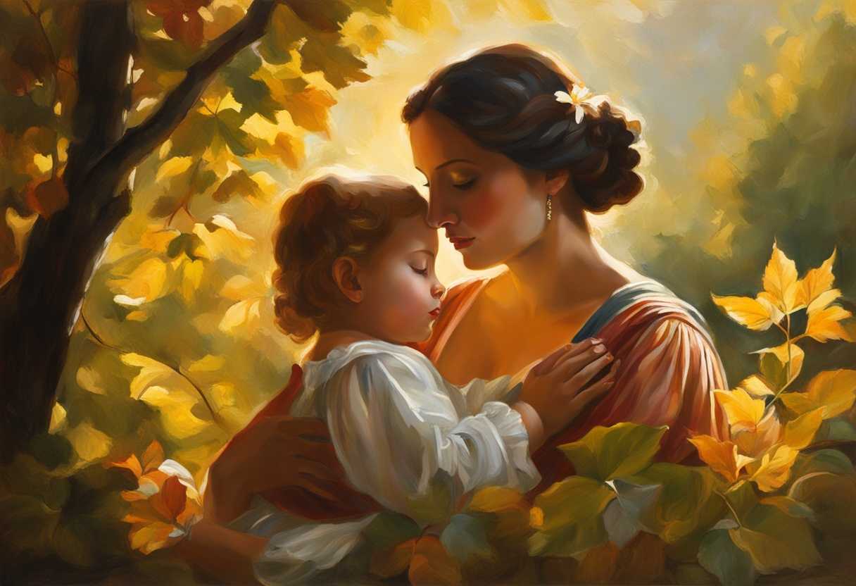 A-mother-and-child-pray-together-under-sunlit-leaves-surrounded-by-vibrant-nature_wiof