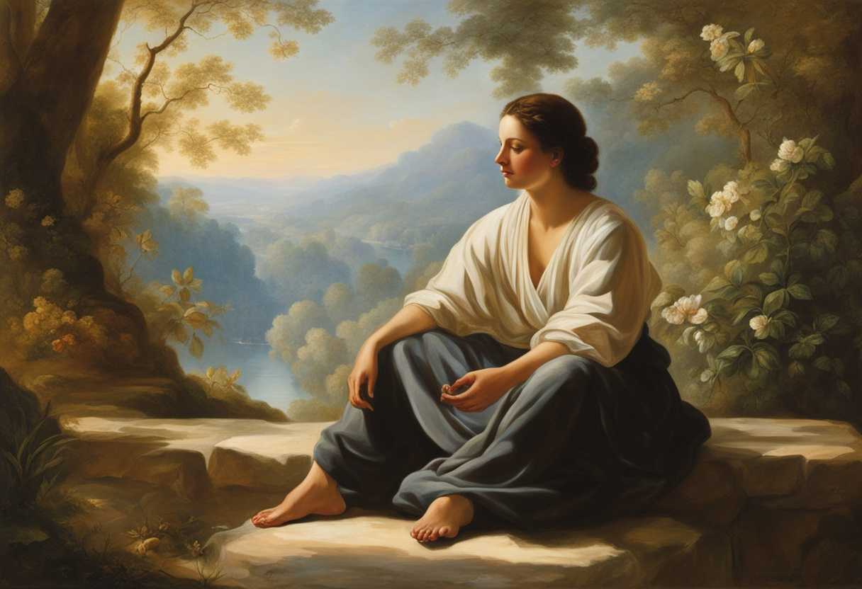 A-serene-individual-meditates-in-soft-sunlight-surrounded-by-nature's-gentle-beauty_exno