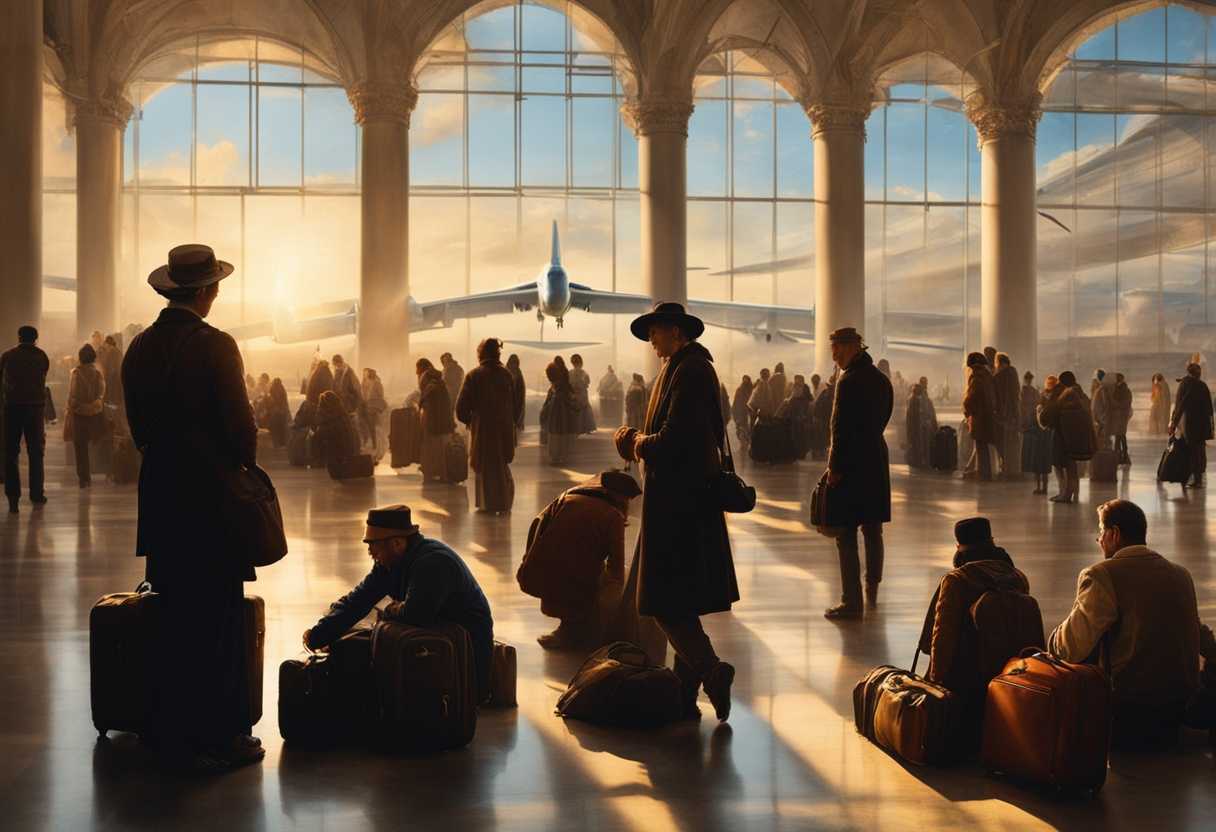Travelers-pray-in-soft-morning-light-amidst-bustling-airport-embodying-unity-and-hope_oaik