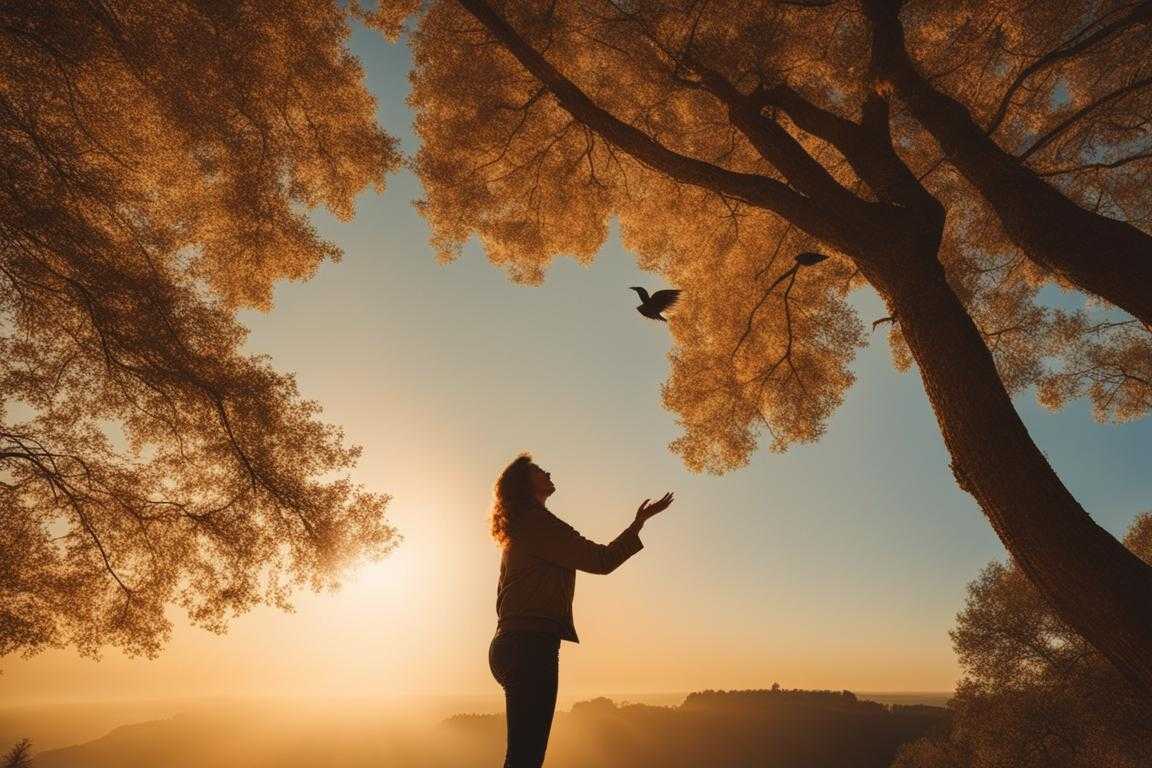 person-and-bird-arms-outstretched-looking-up-at-the-sky-bird-perches-on-hand-sunlight-filters-th