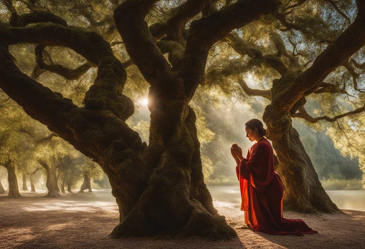A-person-prays-under-trees-light-filtering-through-embodying-resilience-and-hope-amidst-nature_voxf