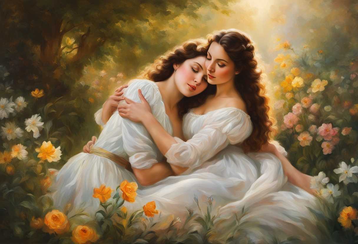 A-mother-and-daughter-embrace-in-soft-sunlight-surrounded-by-vibrant-nature-and-delicate-flowers_gvem