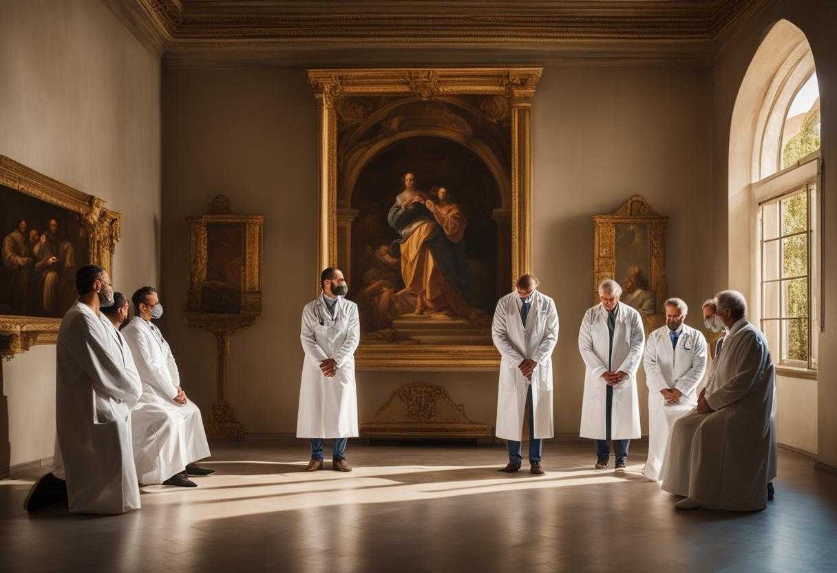 group-of-doctors-in-a-circle-heads-bowed-in-prayer-white-coats-sterile-hospital-walls-soft-light_uuki