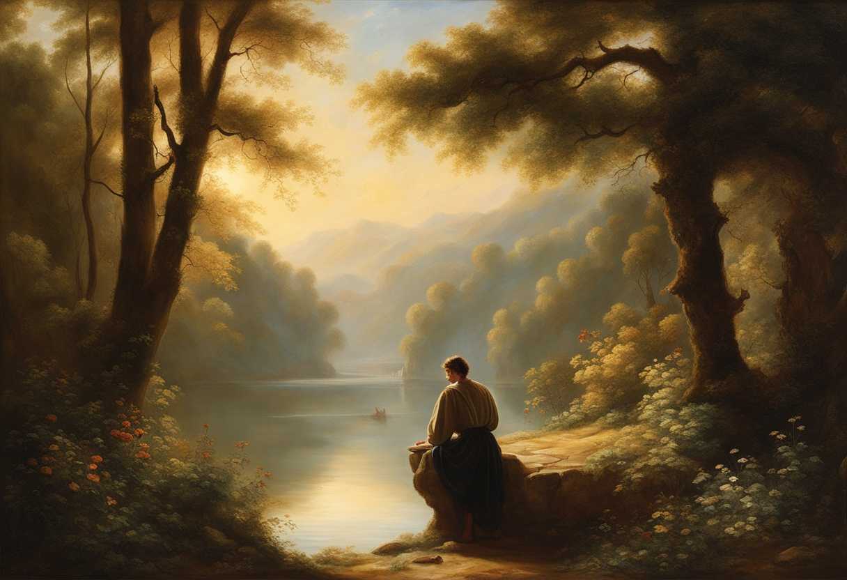 Serene-landscape-gentle-sunlight-filtering-through-trees-peaceful-figure-in-prayer-surrounded-by-_rvpe