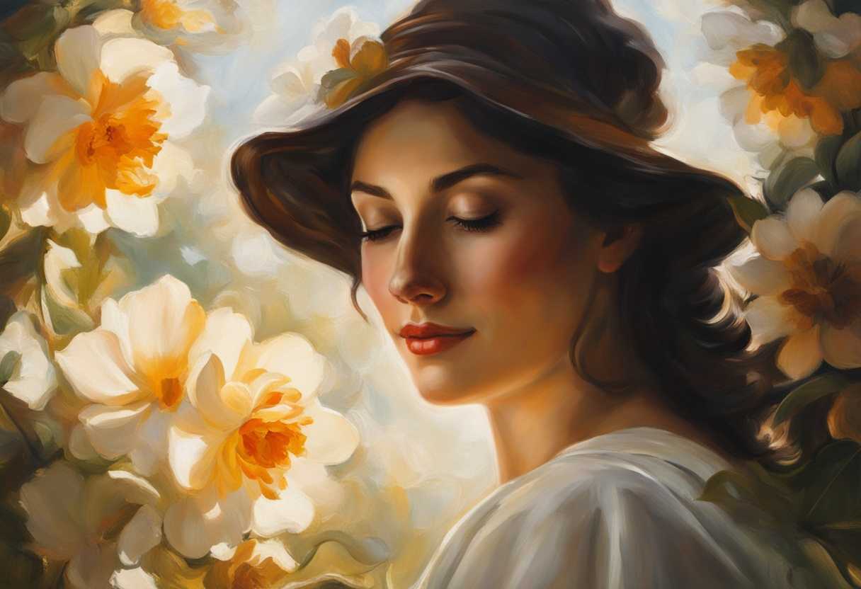 A-serene-moment-of-reflection-a-person-smiling-at-a-blooming-flower-sunlight-filtering-through-tre_oekk