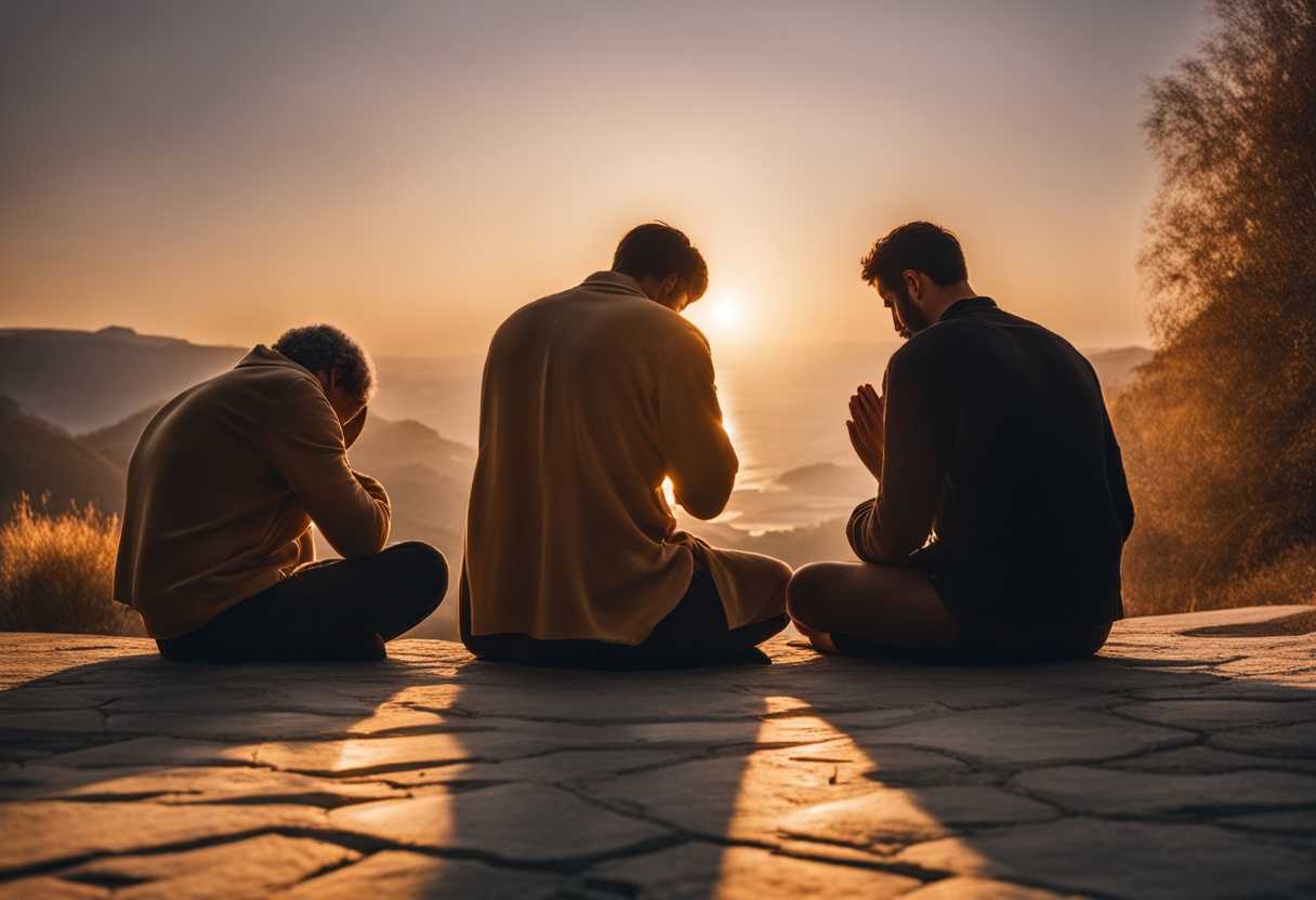 Diverse-group-praying-in-circle-at-sunset-heads-bowed-hands-clasped-hopeful-and-united_xgbm